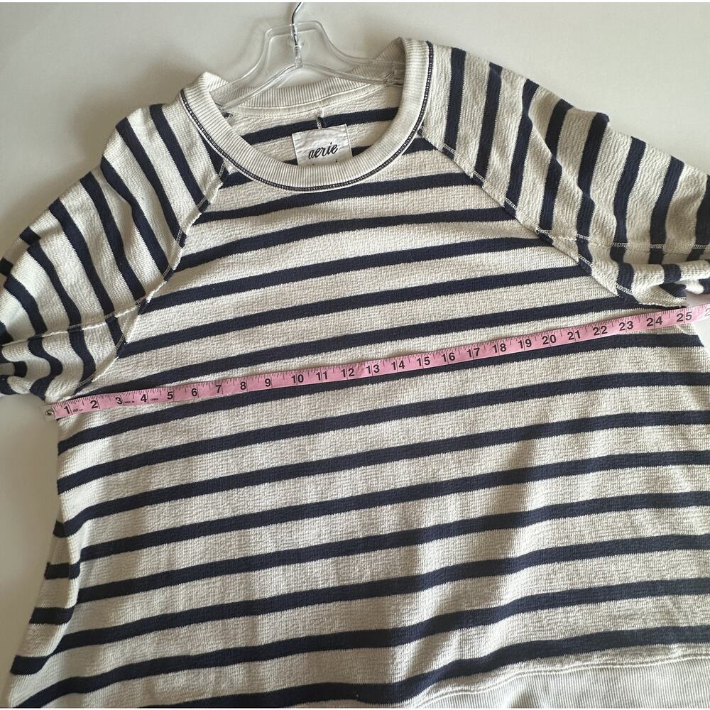 Aerie East West Crew Sweatshirt Womens Large Ivory Navy Striped Oversized Beachy - Picture 9 of 10
